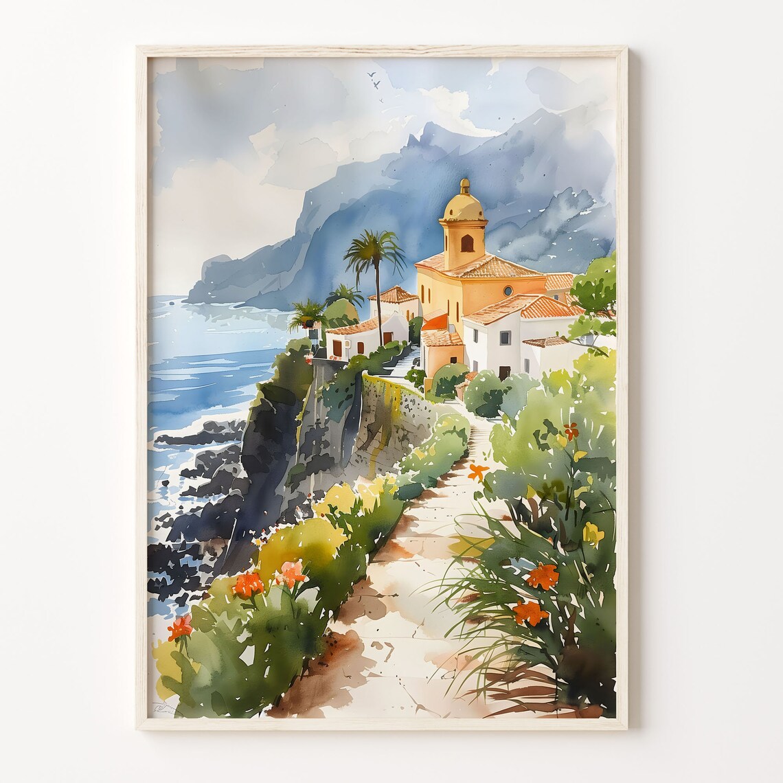 Tenerife Spain Sunny Cliffside Coastal Village Watercolor Poster