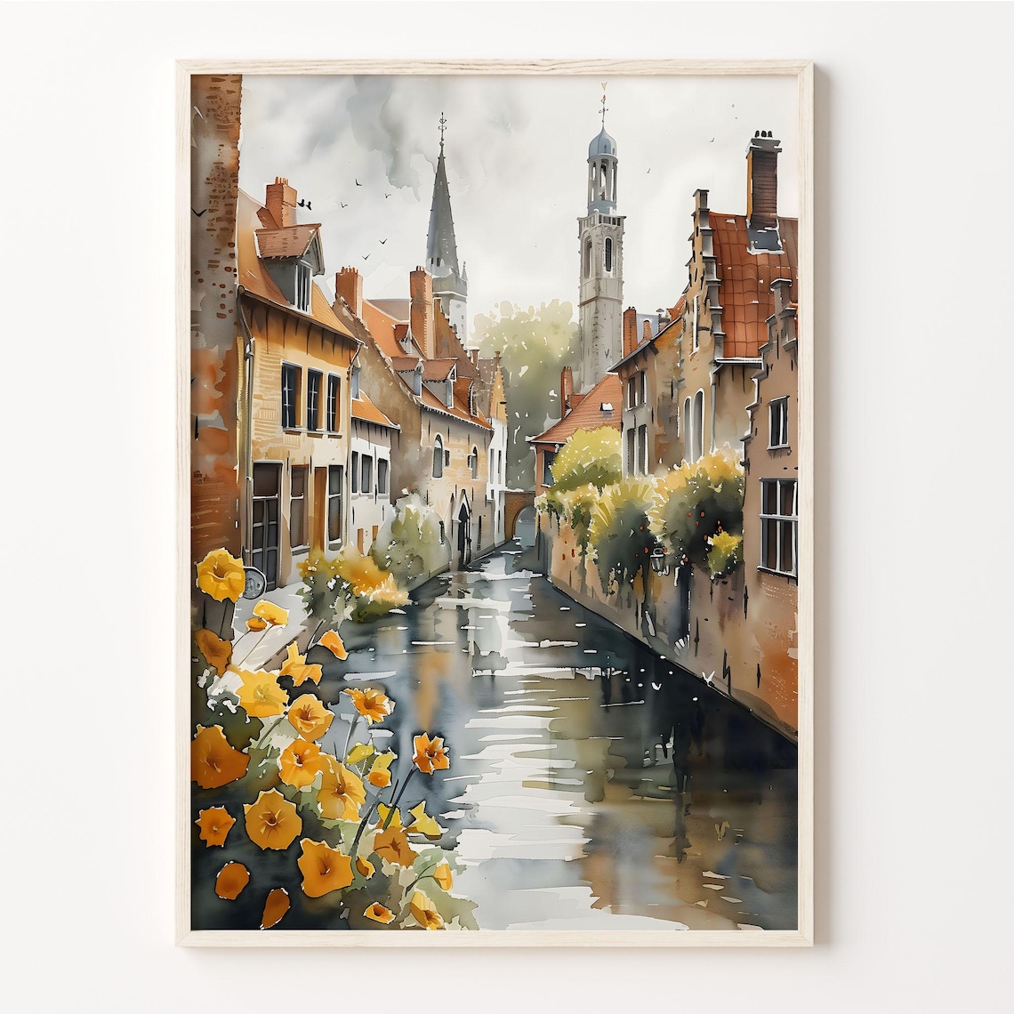 Bruges Belgium Canal Old Houses Church Towers Flower Watercolor Poster