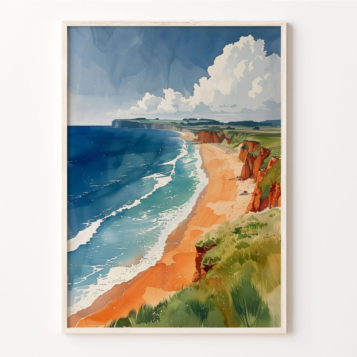 Northumberland Coast Red Cliffs Sandy Beach Waves Watercolor Poster