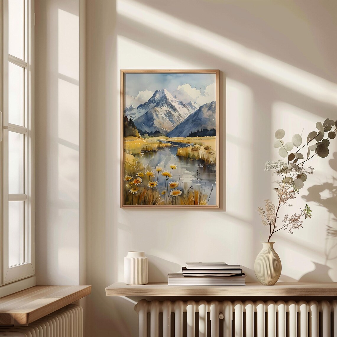 Mount Cook New Zealand Snow Peak Lake Daisies Watercolor Poster - Image 4
