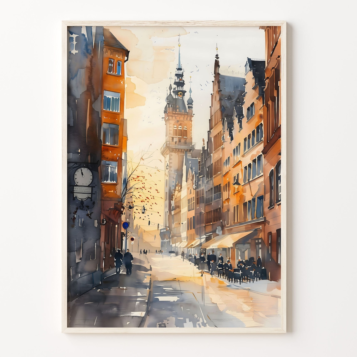 Hamburg Germany Golden Old Street Clock Tower Watercolor Poster