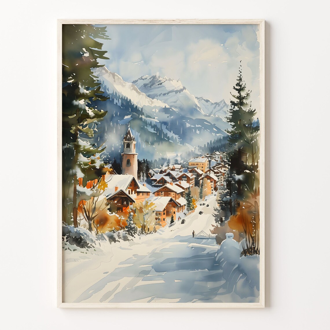Whistler Snowy Mountain Village Watercolor Poster Alpine Winter Glow