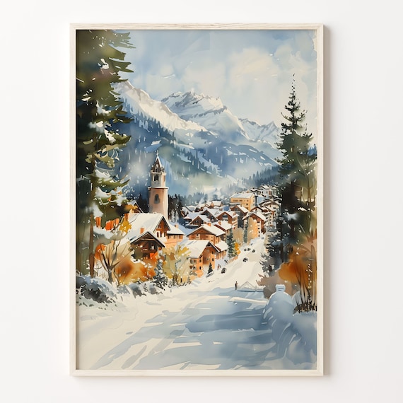 Whistler Snowy Mountain Village Watercolor Poster Alpine Winter Glow