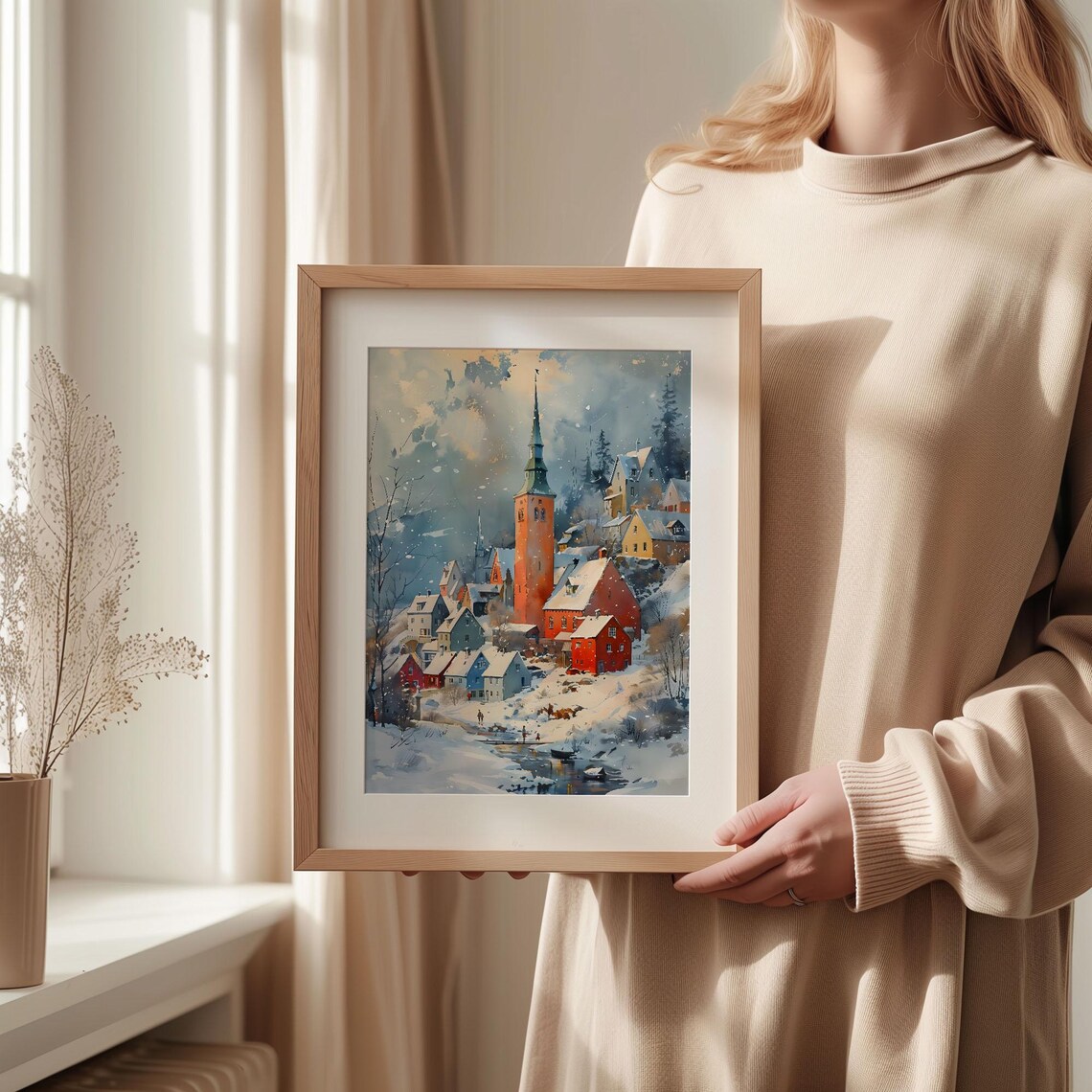 Reykjavik Iceland Snowy Town Church Spire Winter Watercolor Poster - Image 2