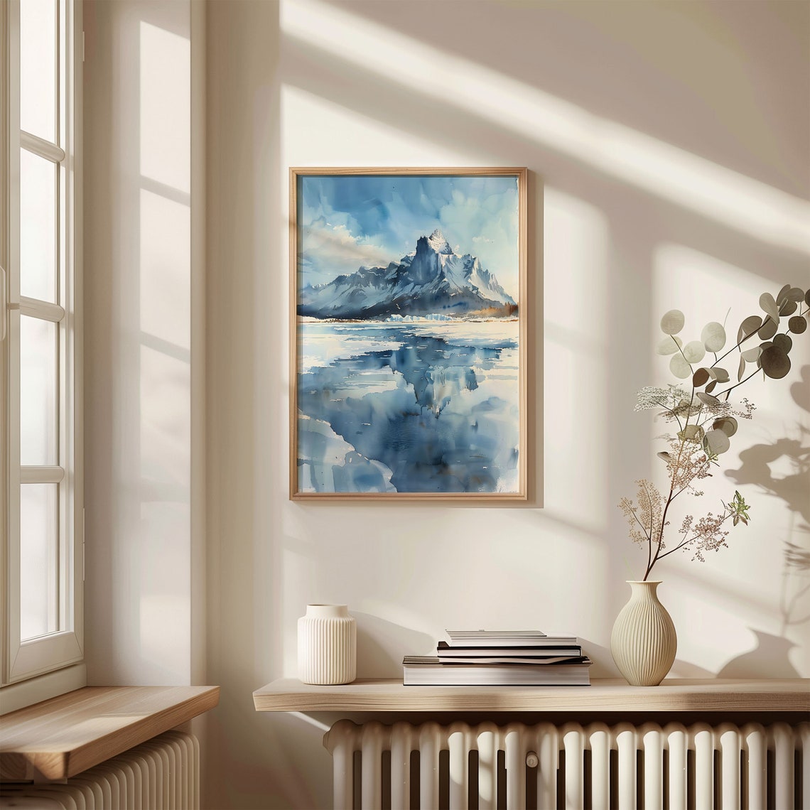 Snowy Mountain Peak Frozen Lake Reflection Blue Watercolor Print - Image 4