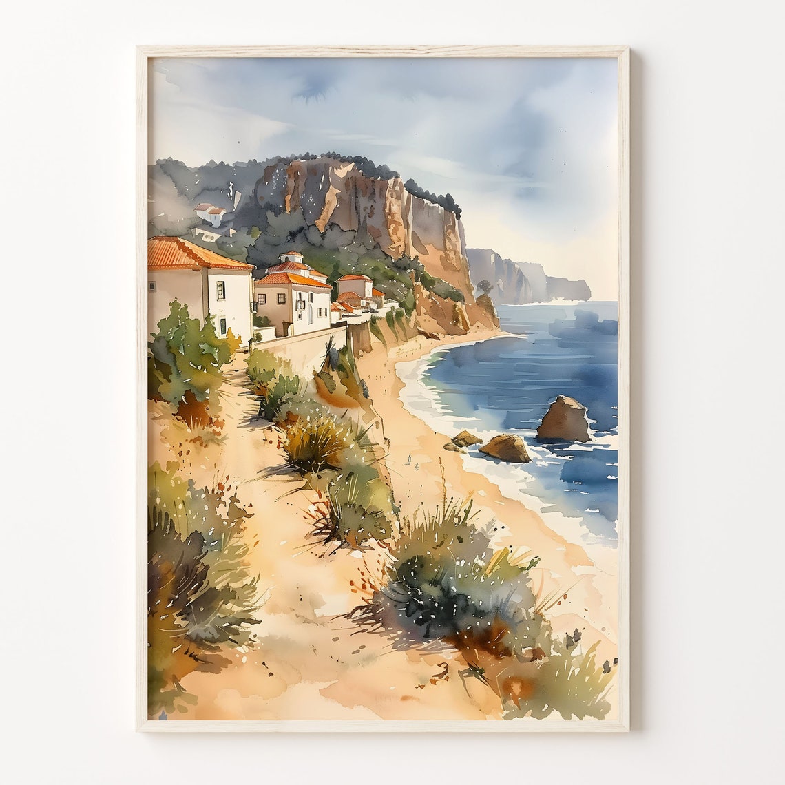 Nazare Portugal Beach Village Cliffs Red Roofs Watercolor Poster