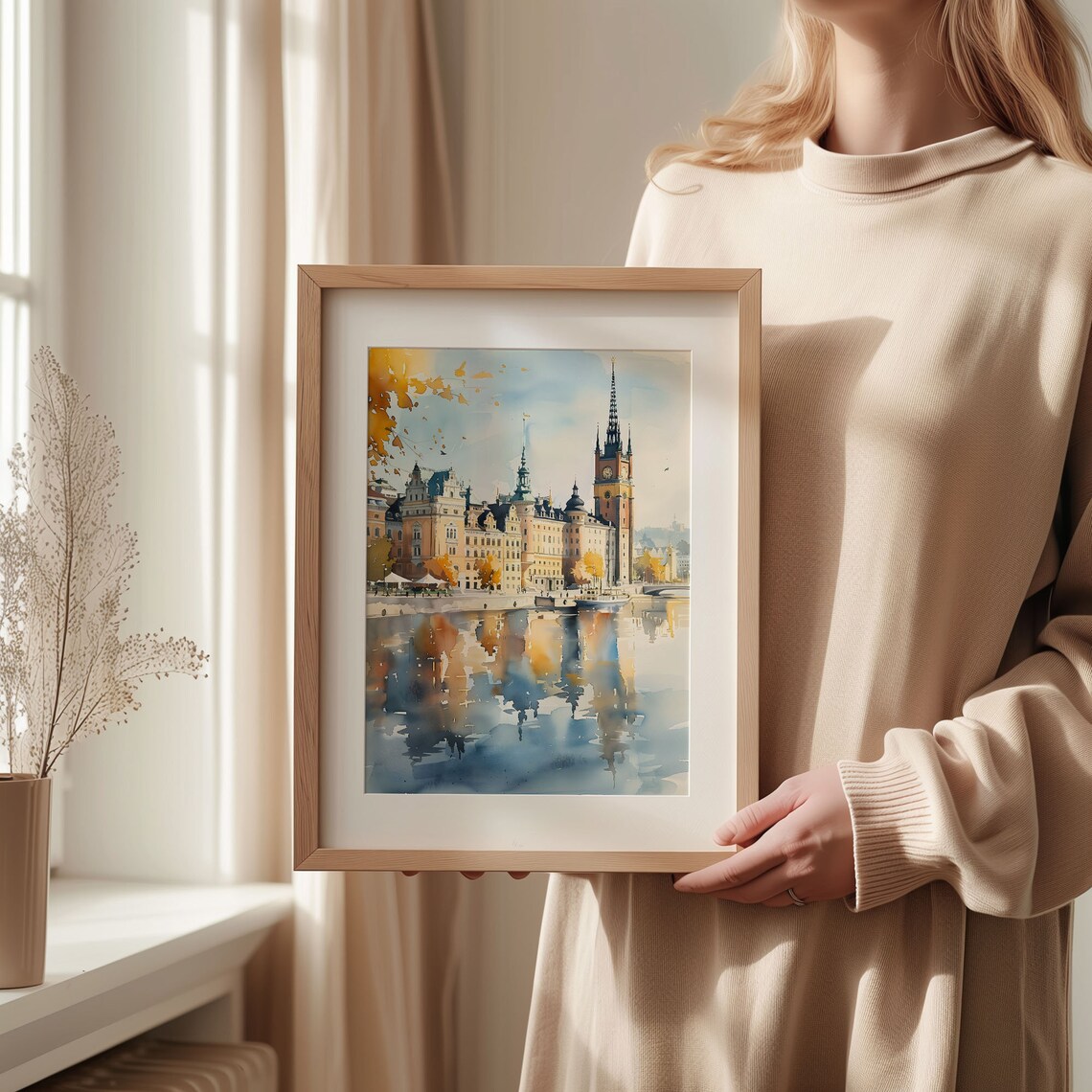 Stockholm City Hall Waterfront Sweden Reflections Watercolor Poster - Image 2
