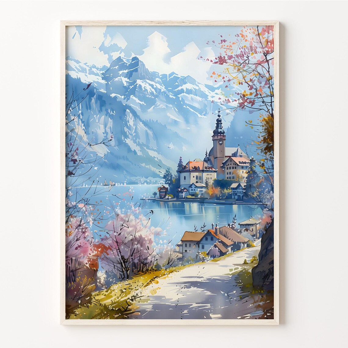 Interlaken Watercolor Painting, Switzerland Travel Poster