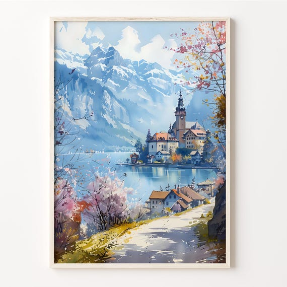 Interlaken Watercolor Painting, Switzerland Travel Poster