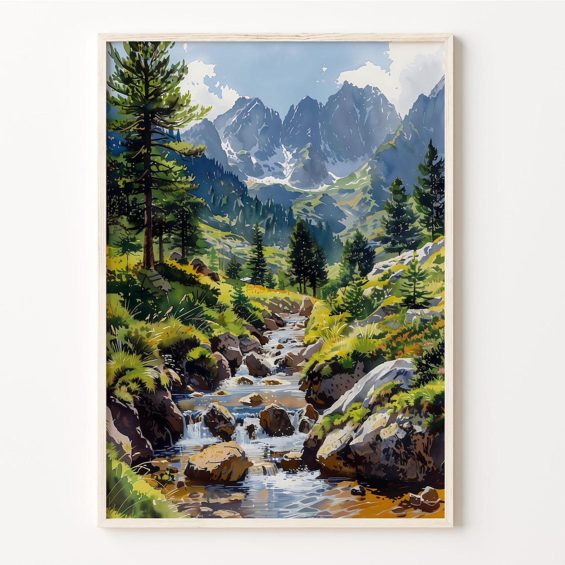 Pyrenees France Mountain Stream Pine Forest Snowy Peaks Watercolor Poster