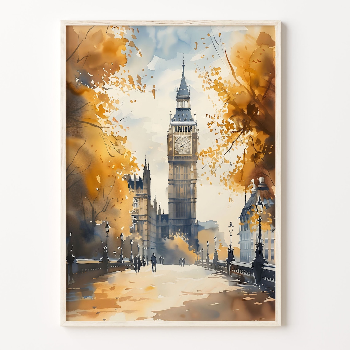 London Big Ben Westminster Bridge Autumn Leaves Watercolor Poster