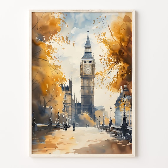London Big Ben Westminster Bridge Autumn Leaves Watercolor Poster
