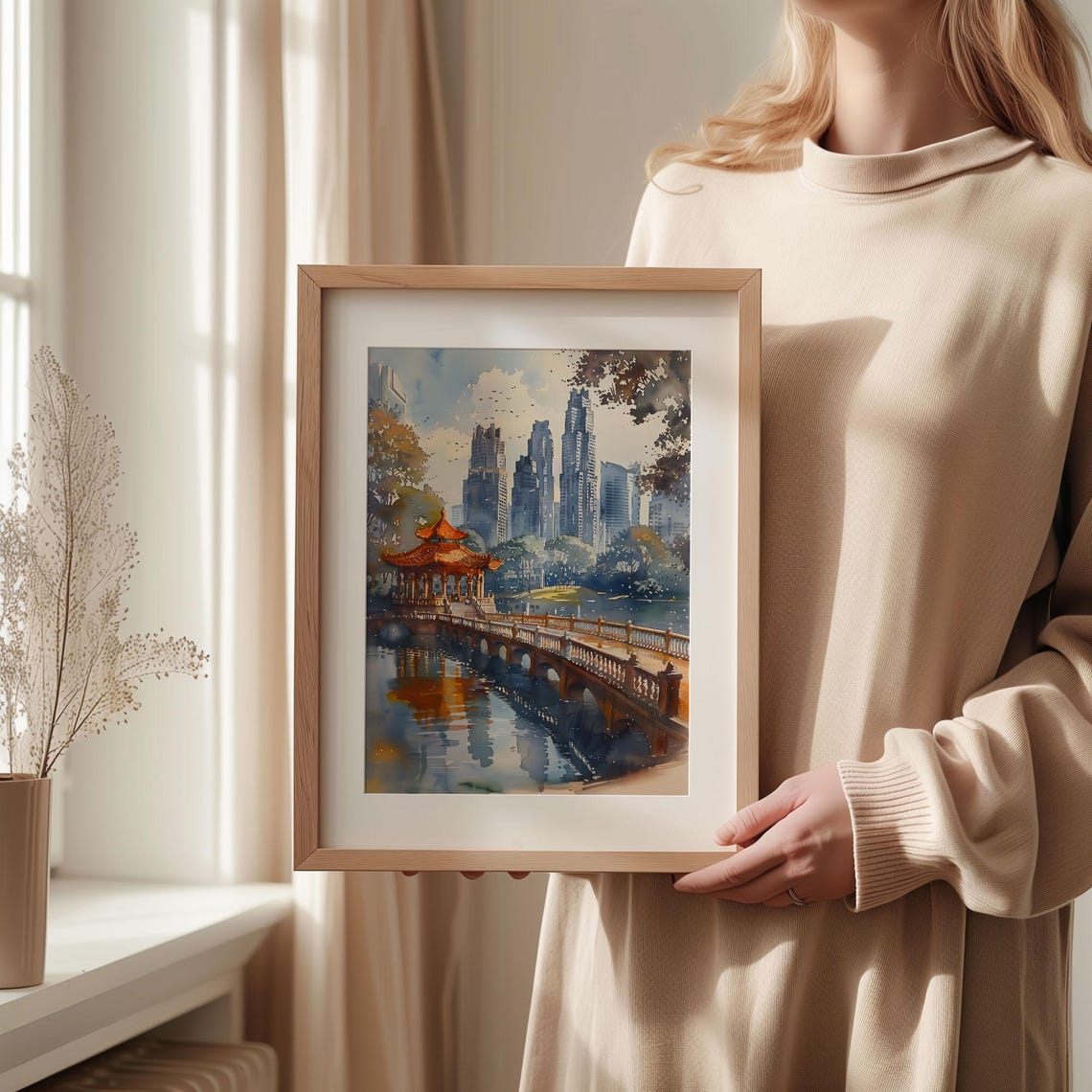 Singapore Skyline Chinese Pagoda Bridge Skyscrapers Watercolor Poster - Image 2