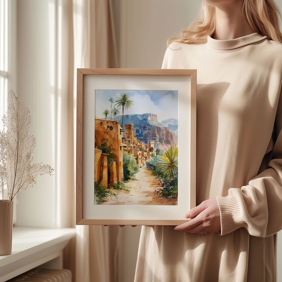 Morocco Desert Golden Oasis Village Palm Trees Watercolor Poster - Image 2