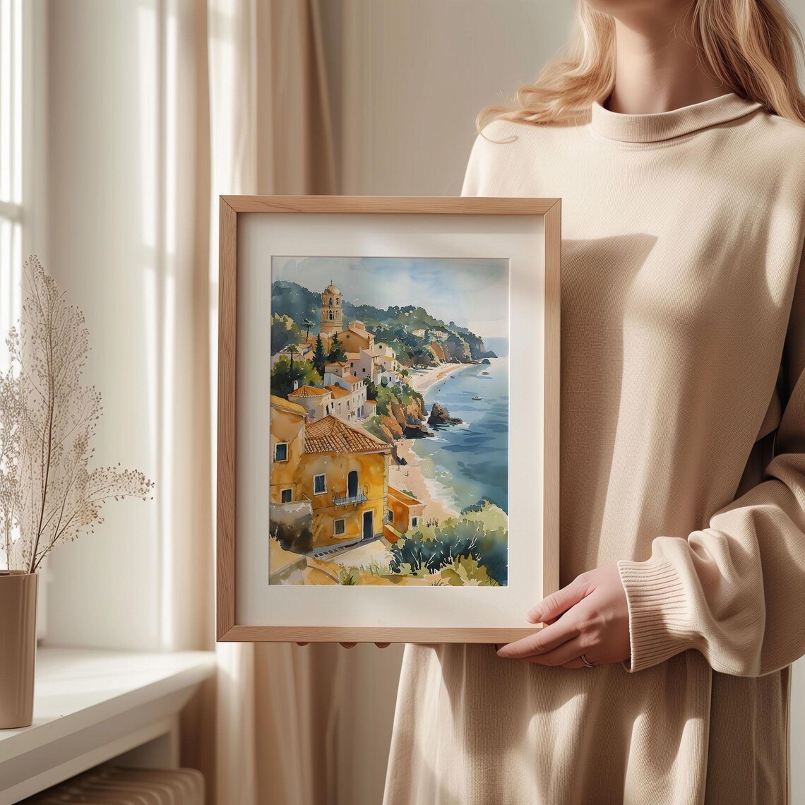 Algarve Portugal Coastal Cliff Village Watercolor Painting Poster - Image 2