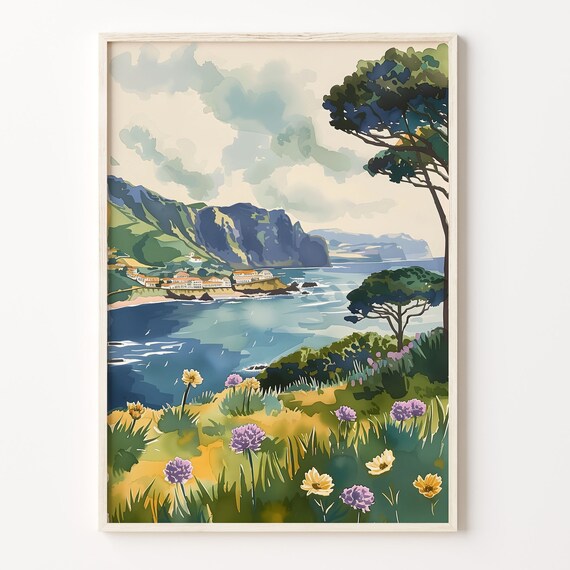 Azores Watercolor Painting Travel Poster, Portugal