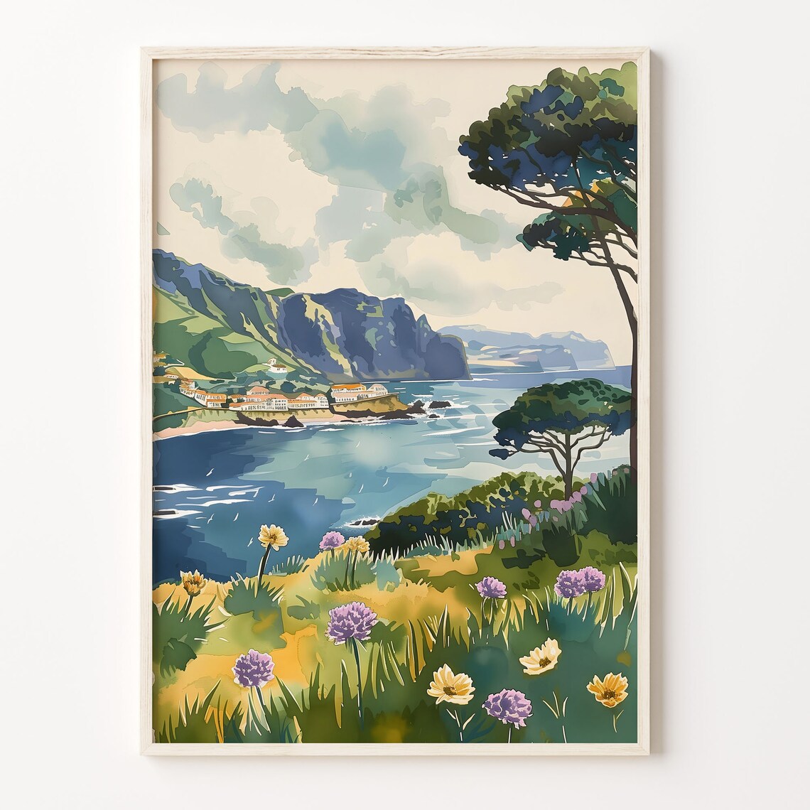Azores Watercolor Painting Travel Poster, Portugal