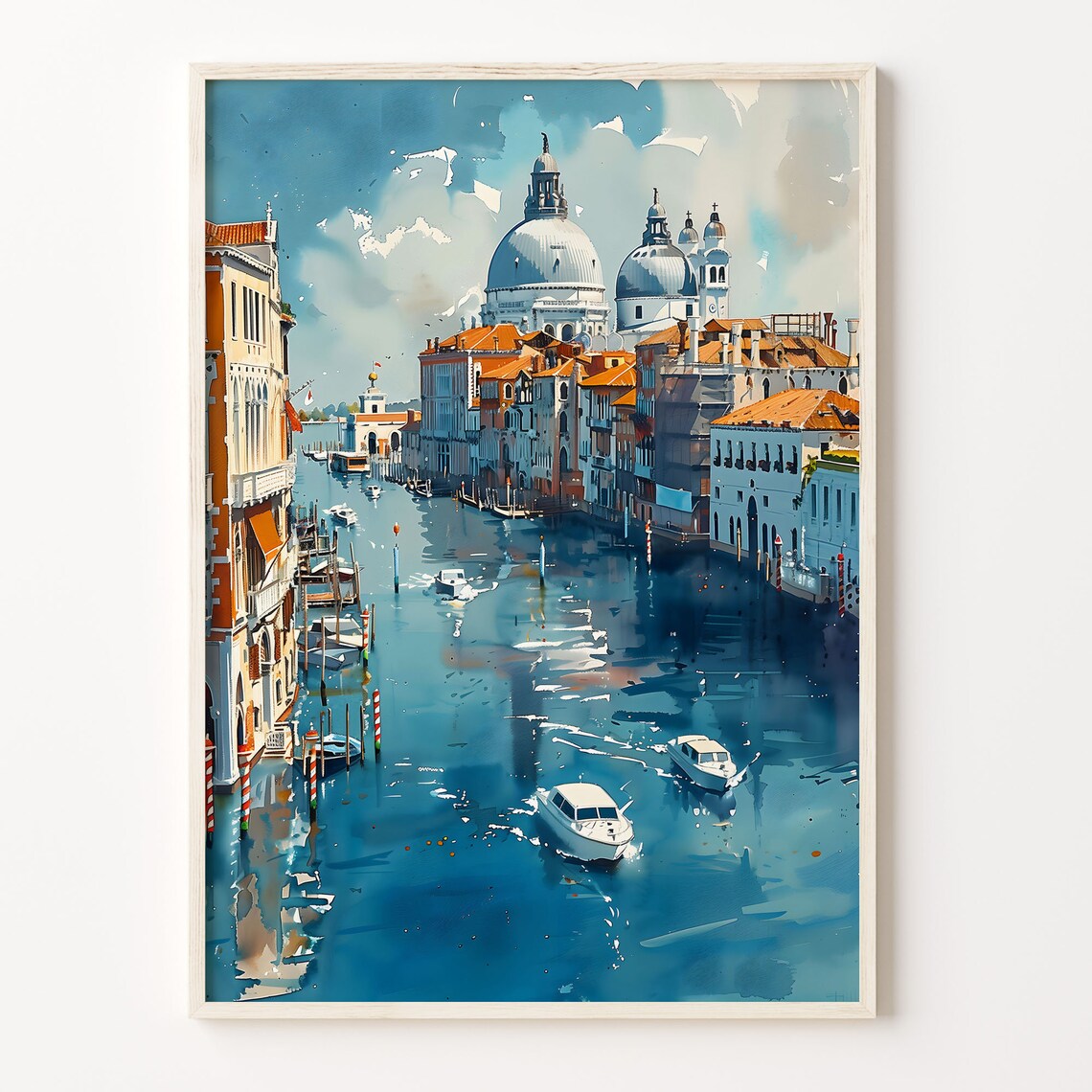 Venice Grand Canal Watercolor Poster Domes Boats Bright Blue Water
