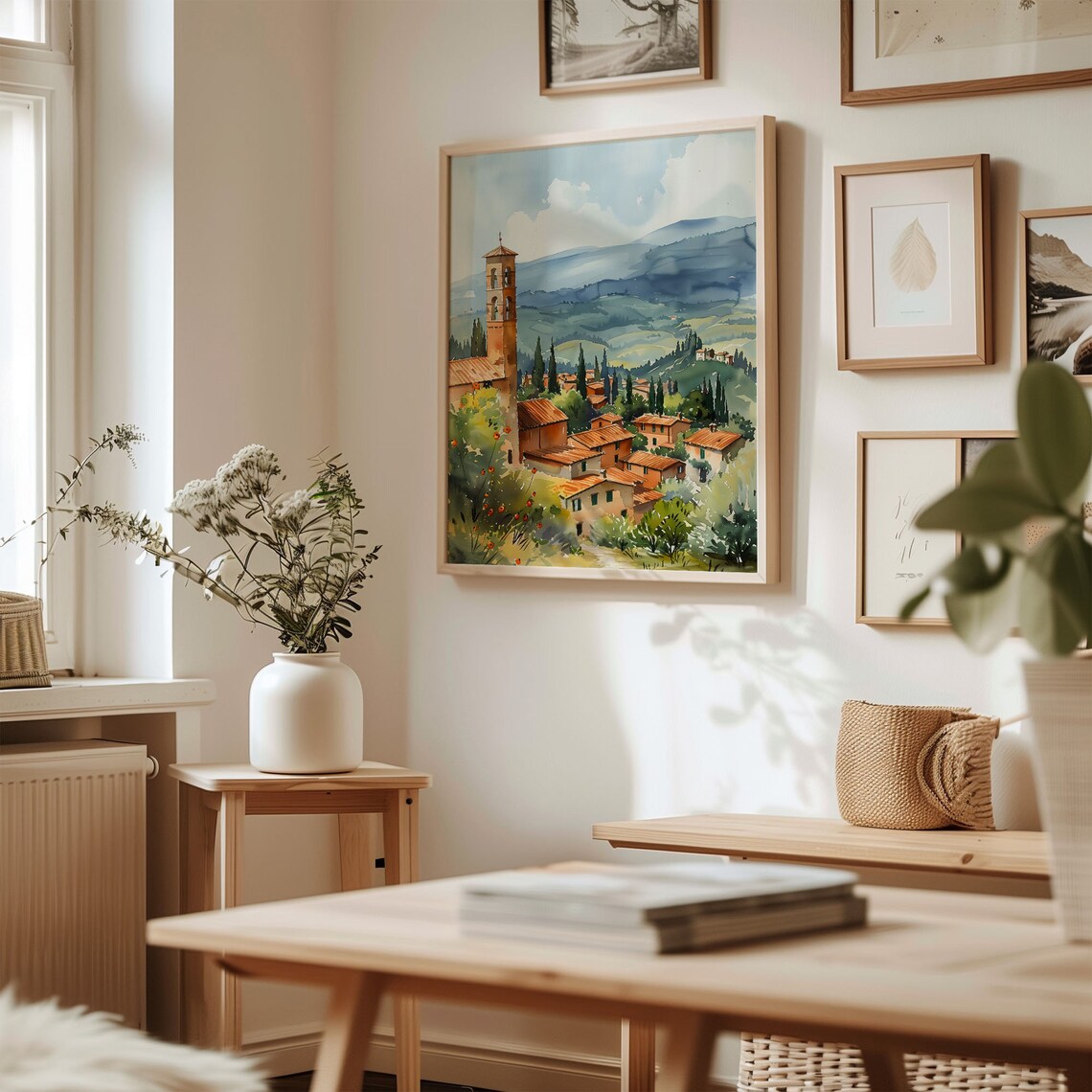 Tuscany Italy Hill Village Cypress Bell Tower Watercolor Poster - Image 3