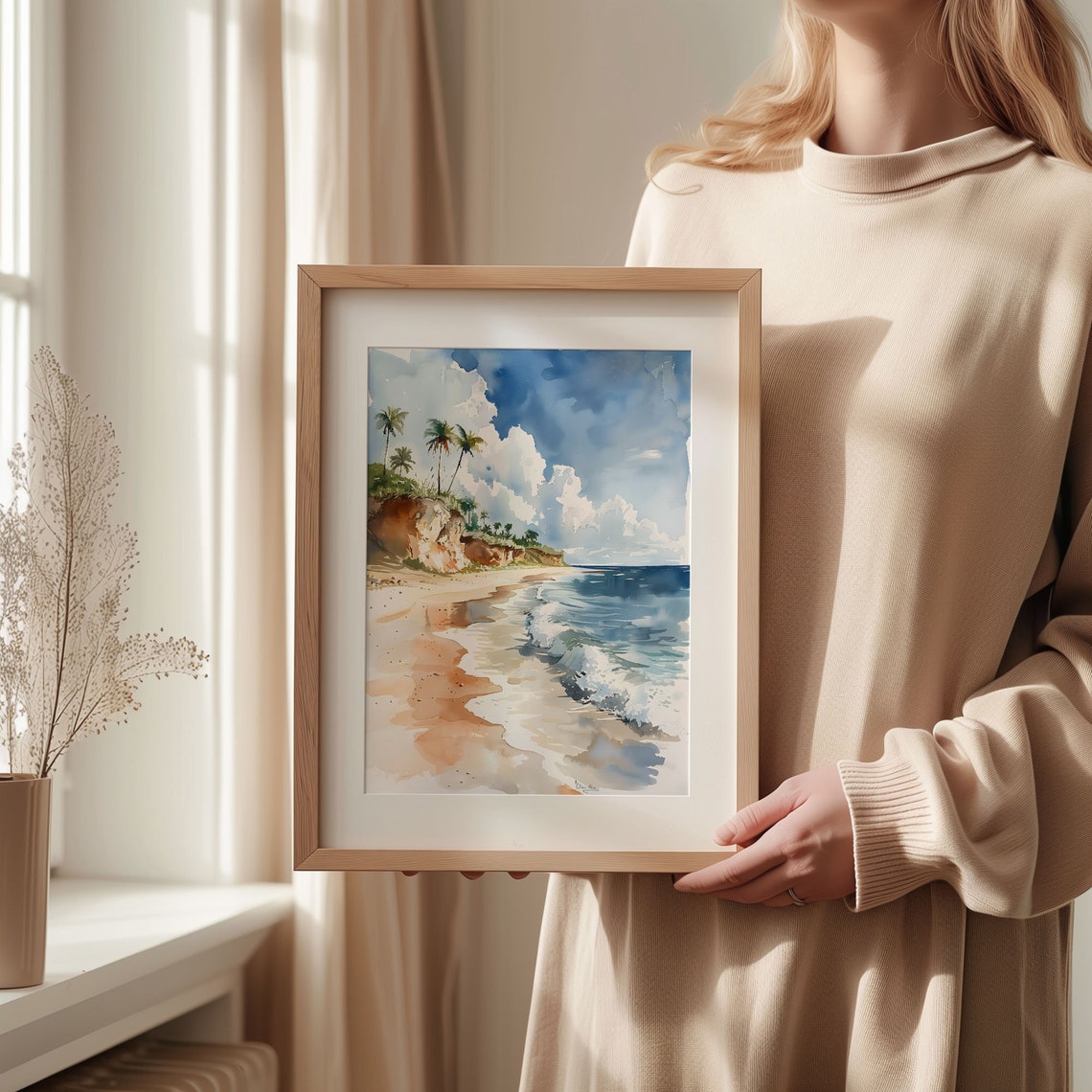 Belize Caribbean Beach Palm Cliffs Turquoise Waves Watercolor Poster - Image 2