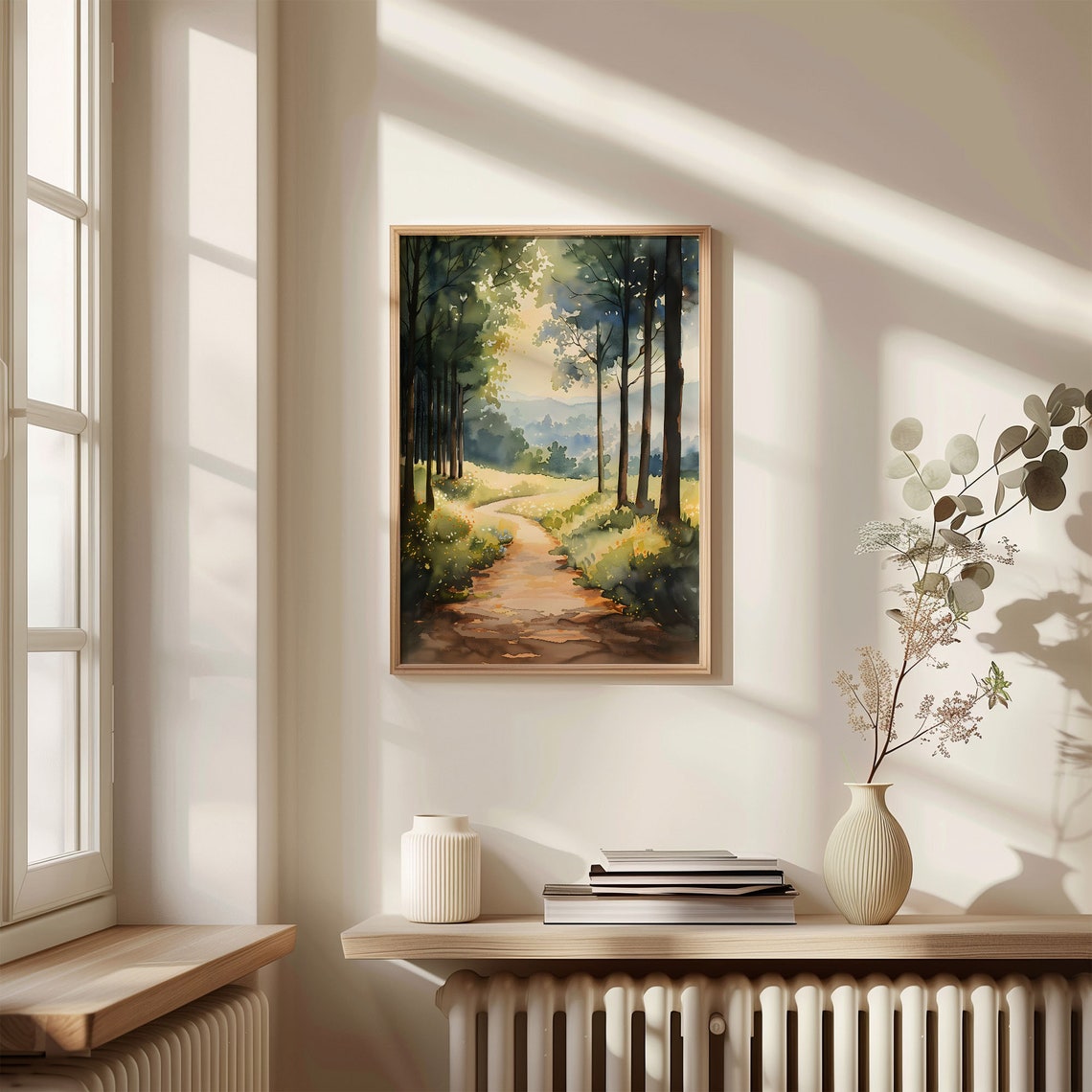 Sunlit Forest Path Watercolor Poster Tall Trees Golden Meadow Walk - Image 4