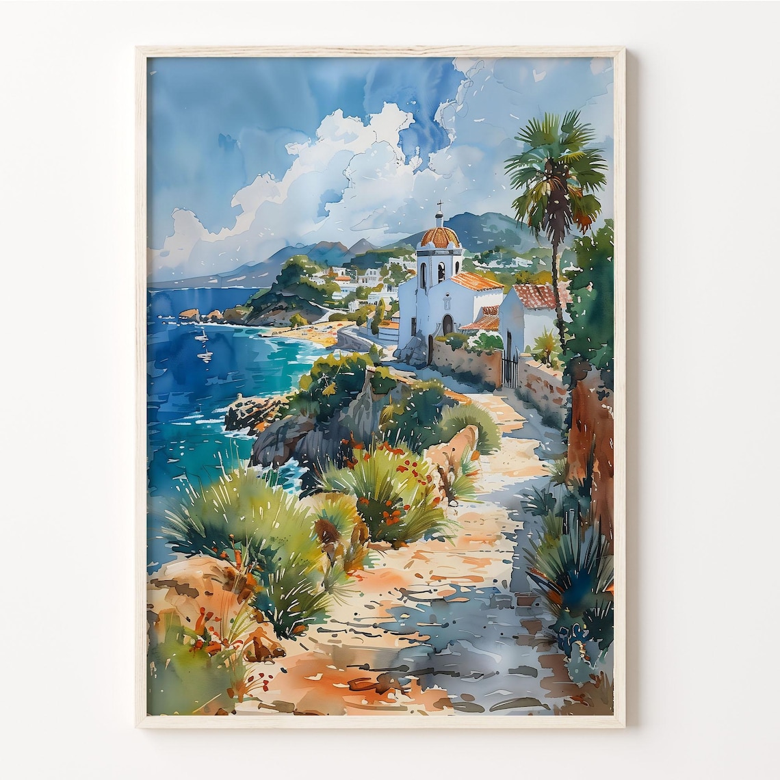 Ibiza Spain Coastal Chapel Rocky Shore Watercolor Travel Poster