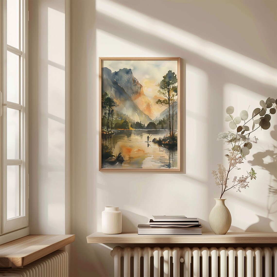 Mountain Lake Sunrise Paddleboard Adventure Watercolor Poster - Image 4