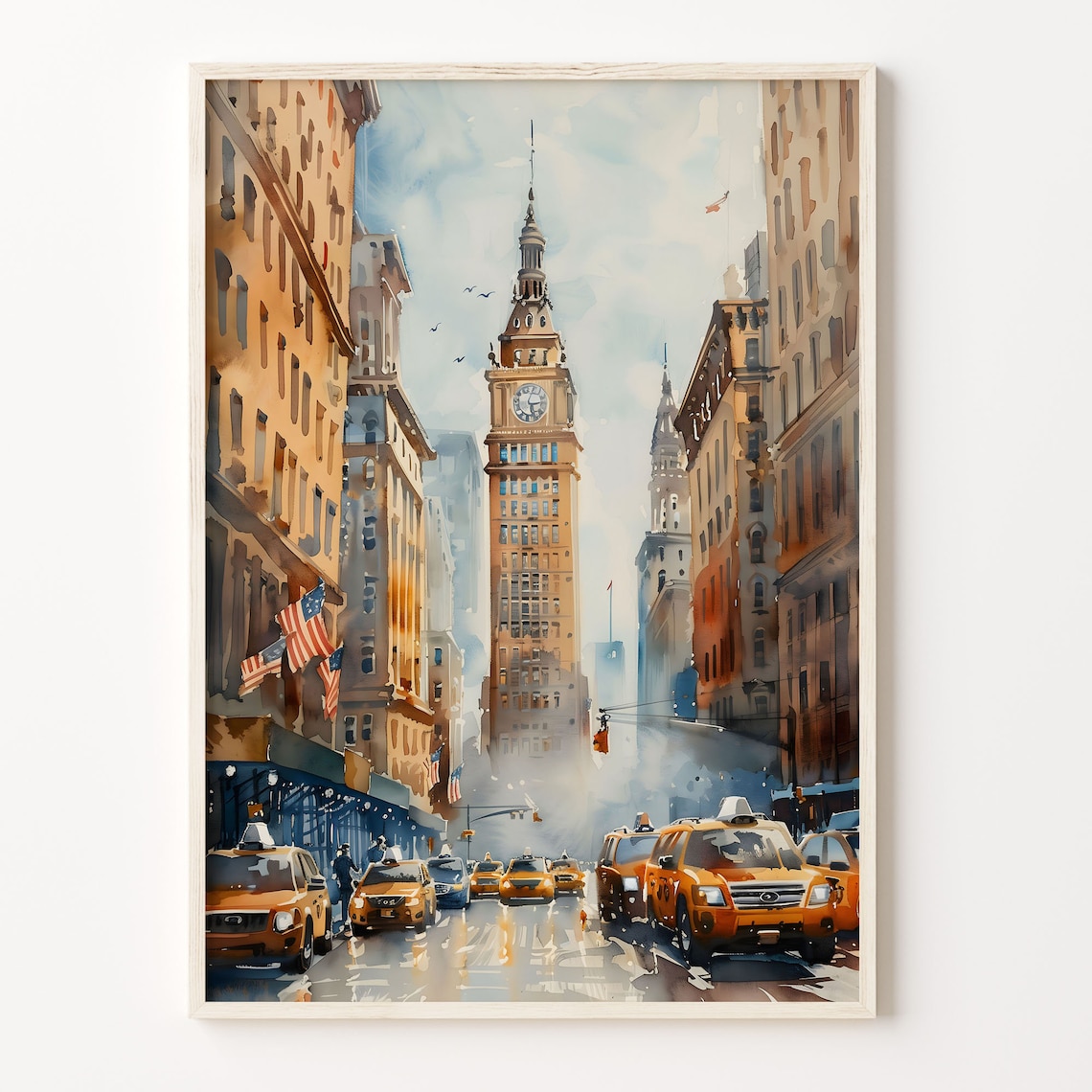 New York City Clock Tower Avenue Yellow Cabs Watercolor Travel Poster