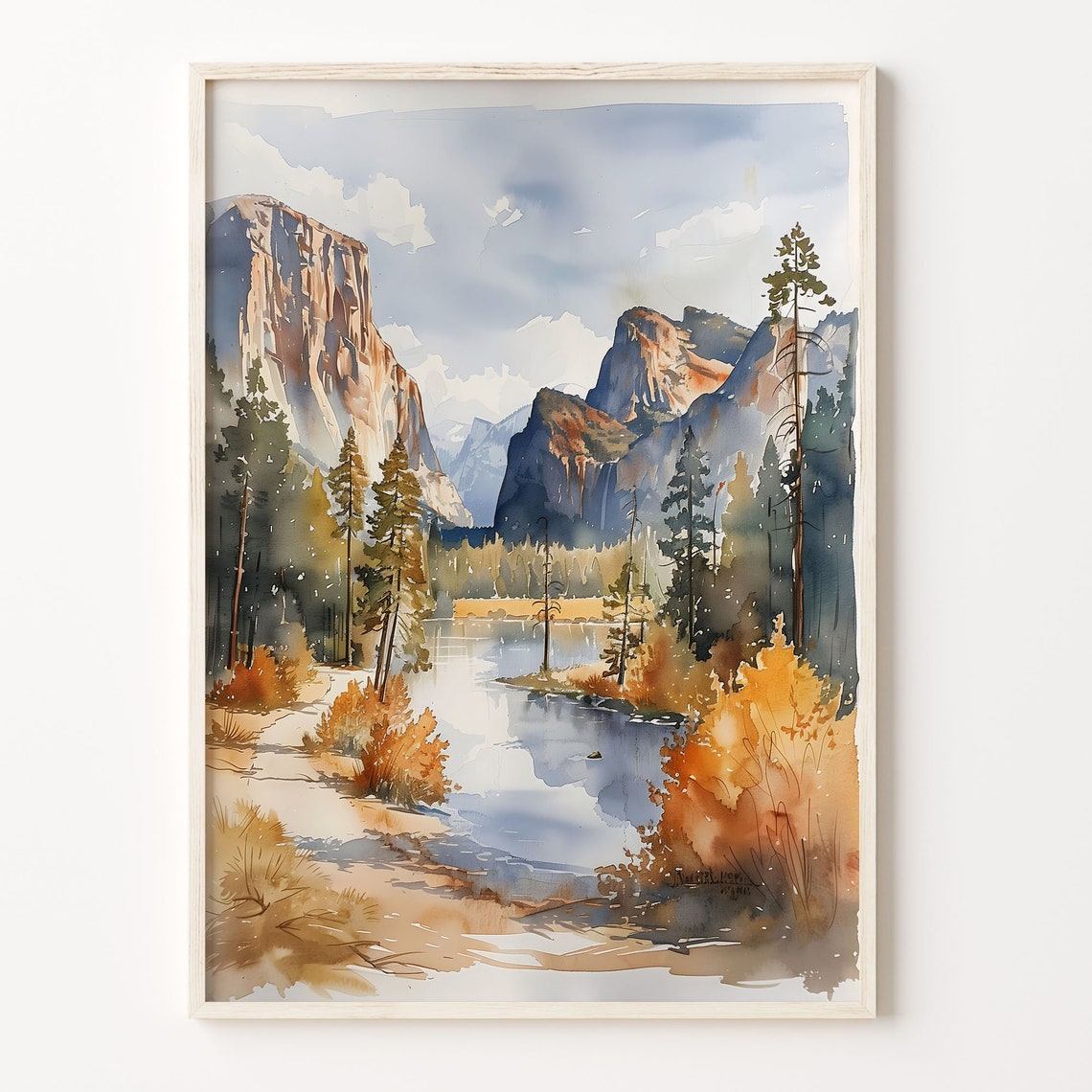 Granite Cliffs Mountain Lake Reflection Autumn Watercolor Print