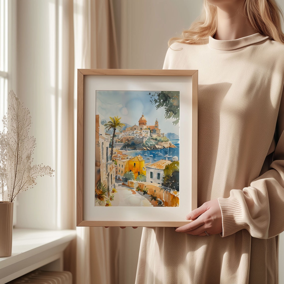 Ibiza Spain Old Town Harbour Palm Tree Sunset Watercolor Poster - Image 2