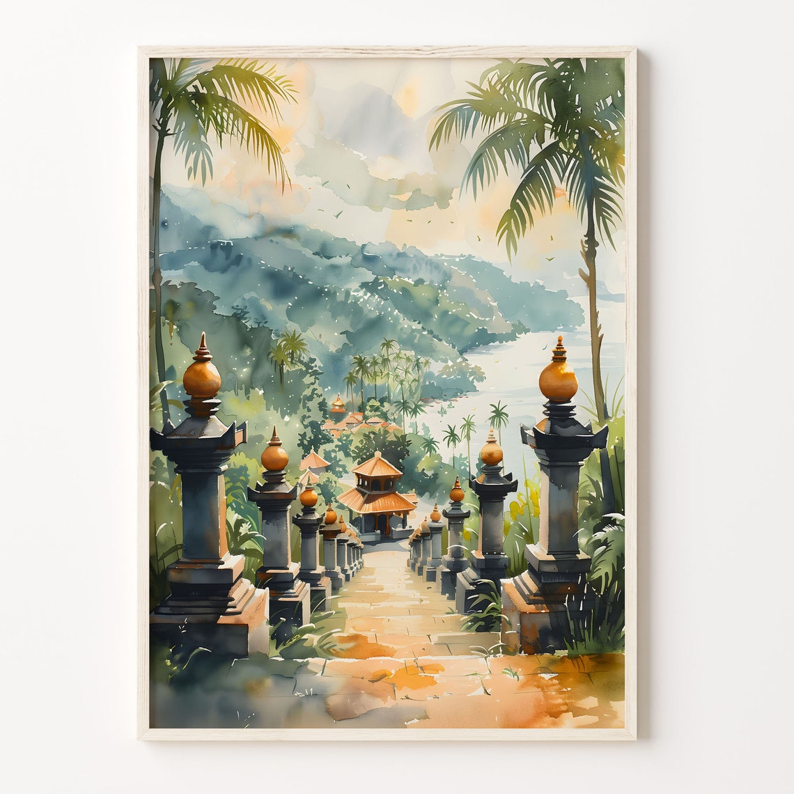 Bali Temple Pathway Watercolor Poster Tropical Palms Jungle Hills
