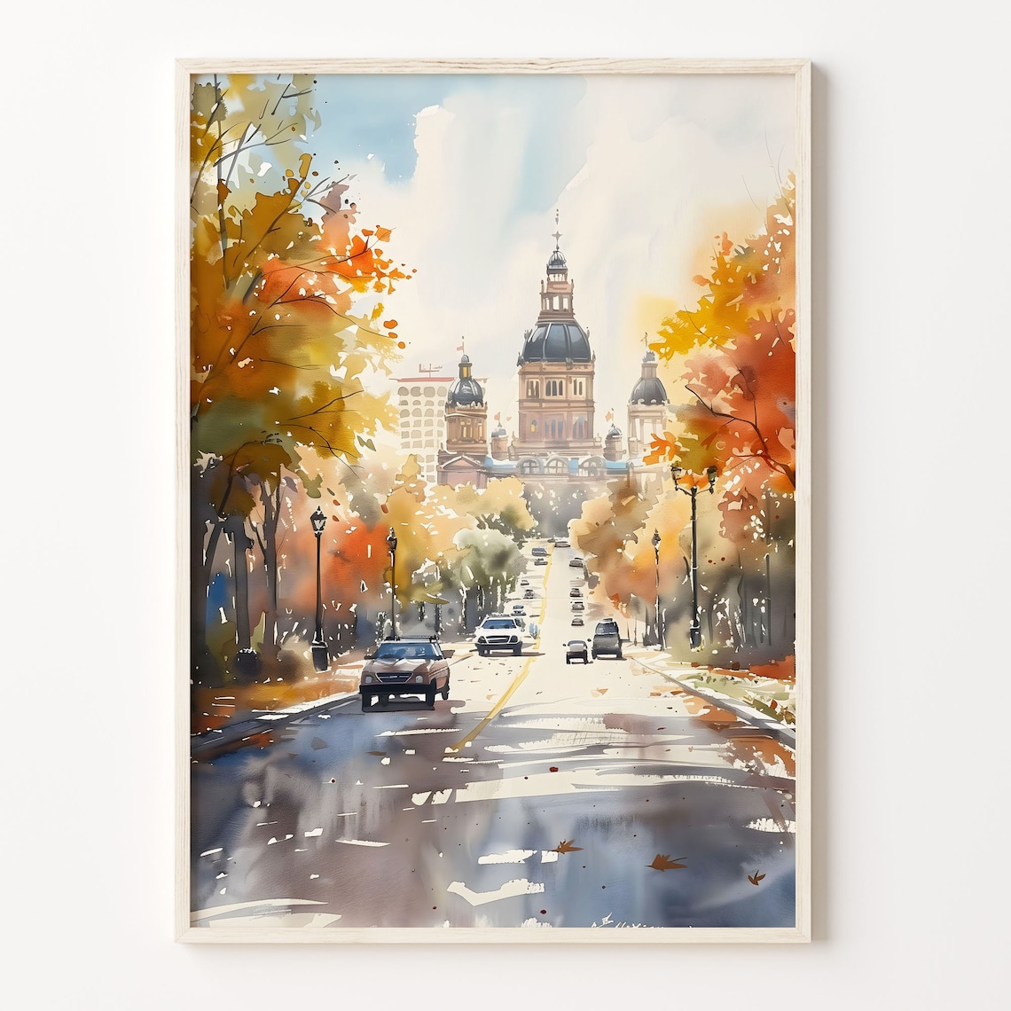 Autumn Avenue Grand Domed State Capitol Building Watercolor Print