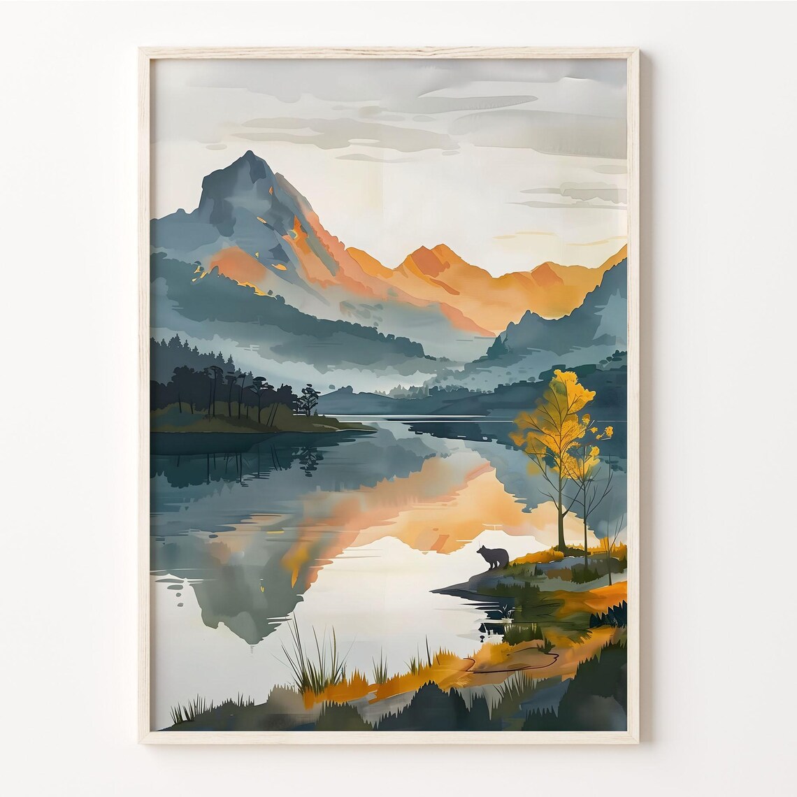 Tasmania Australia Alpine Lake Sunset Bear Watercolor Nature Poster