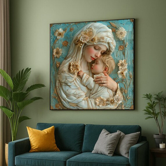 Tender Mother And Child Embrace Canvas Vintage Floral Wall Art Soft Pastel Portrait Nursery Home Decor Ready To Hang