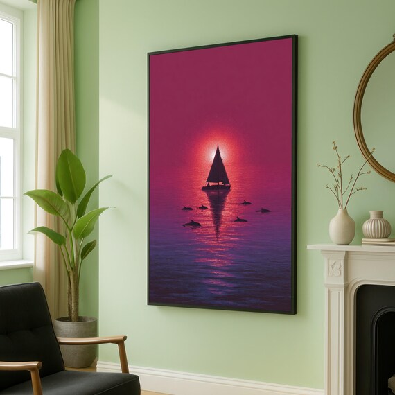 Sailboat With Dolphins Red Sunset Ocean Nautical Wall Poster