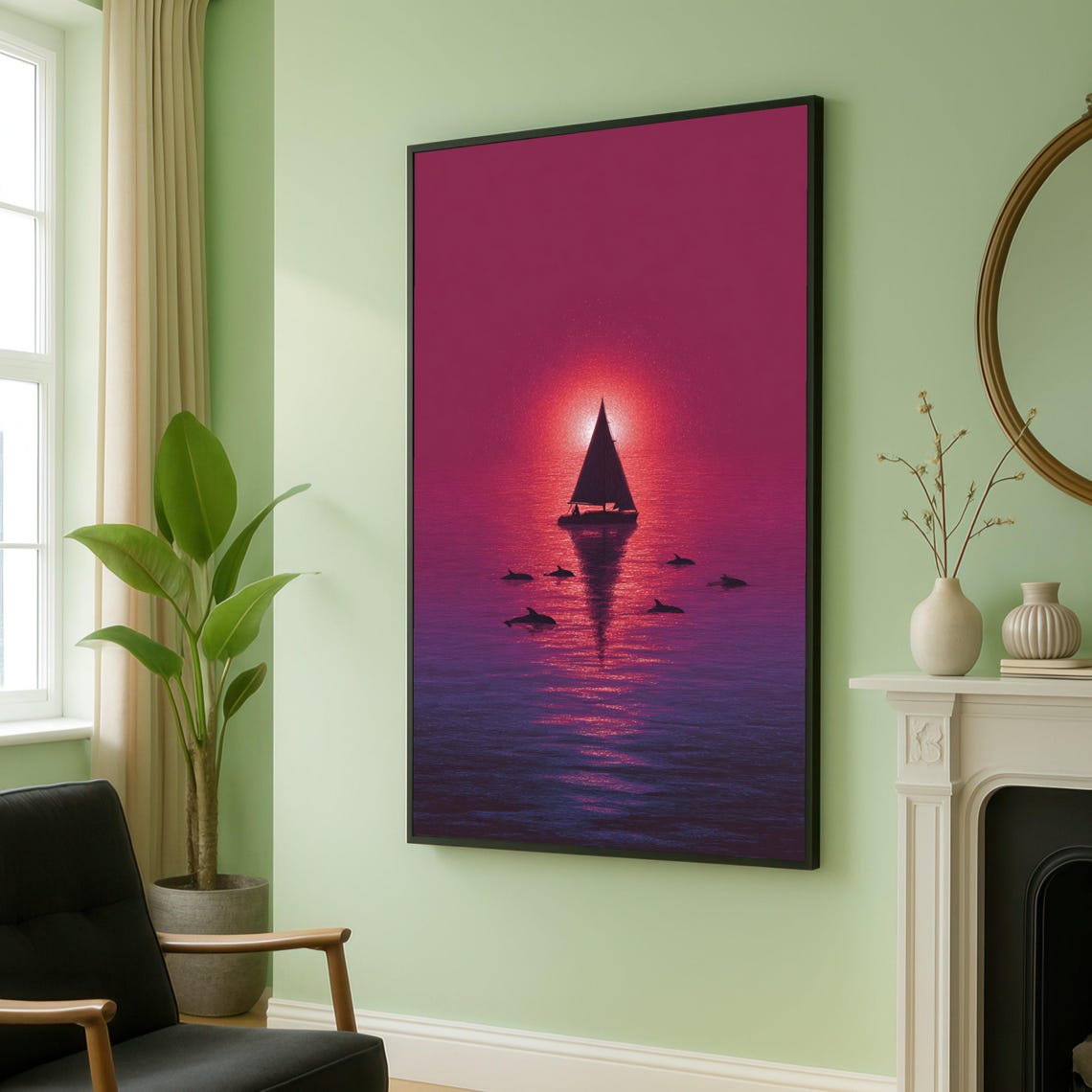 Sailboat With Dolphins Red Sunset Ocean Nautical Wall Poster