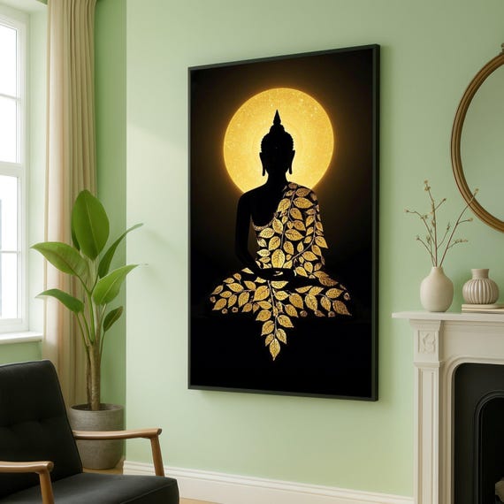 Golden Buddha Silhouette Canvas Spiritual Meditation Wall Art Illuminated Mandala Design Zen Home Decor Tranquil Print