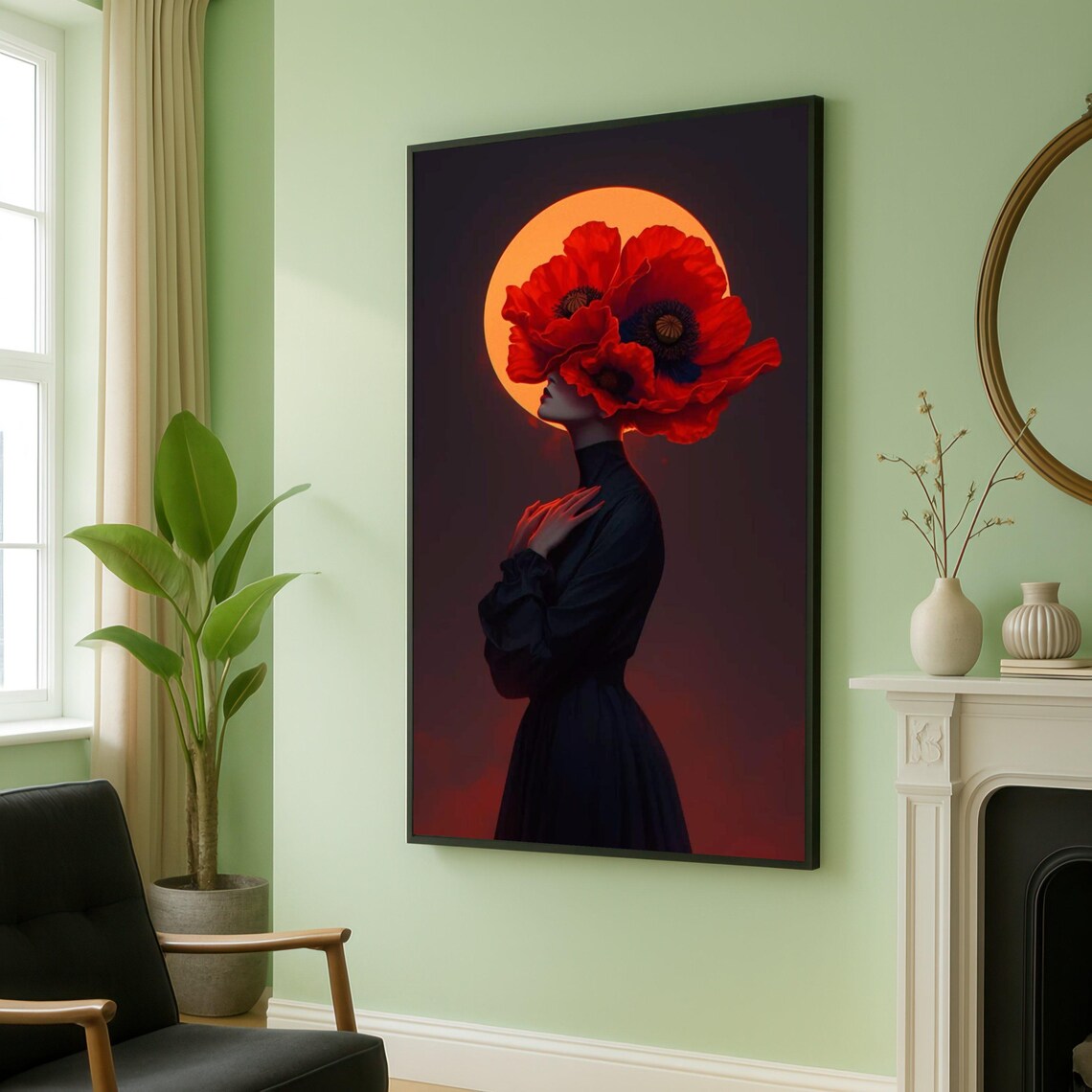 Red Poppy Head Woman Against Sunset Surreal Dark Floral Poster