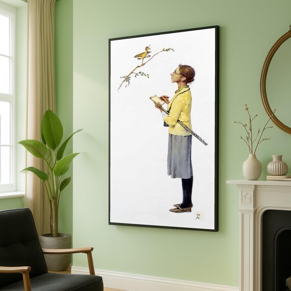 Norman Rockwell Art Thoughtful Woman With Flute Sketching Bird On Branch Canvas Musical Instrument Nature Observation Illustration