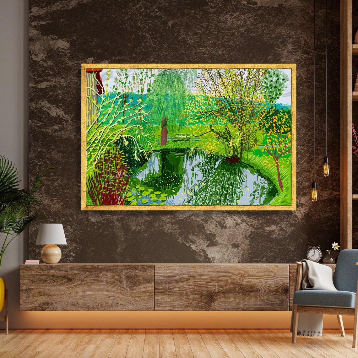 Vibrant Green Spring Pond Weeping Willow Blossom Landscape Art Poster