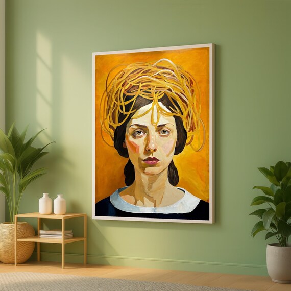 Woman with Golden Crown Swirl Orange Background Portrait Art Poster