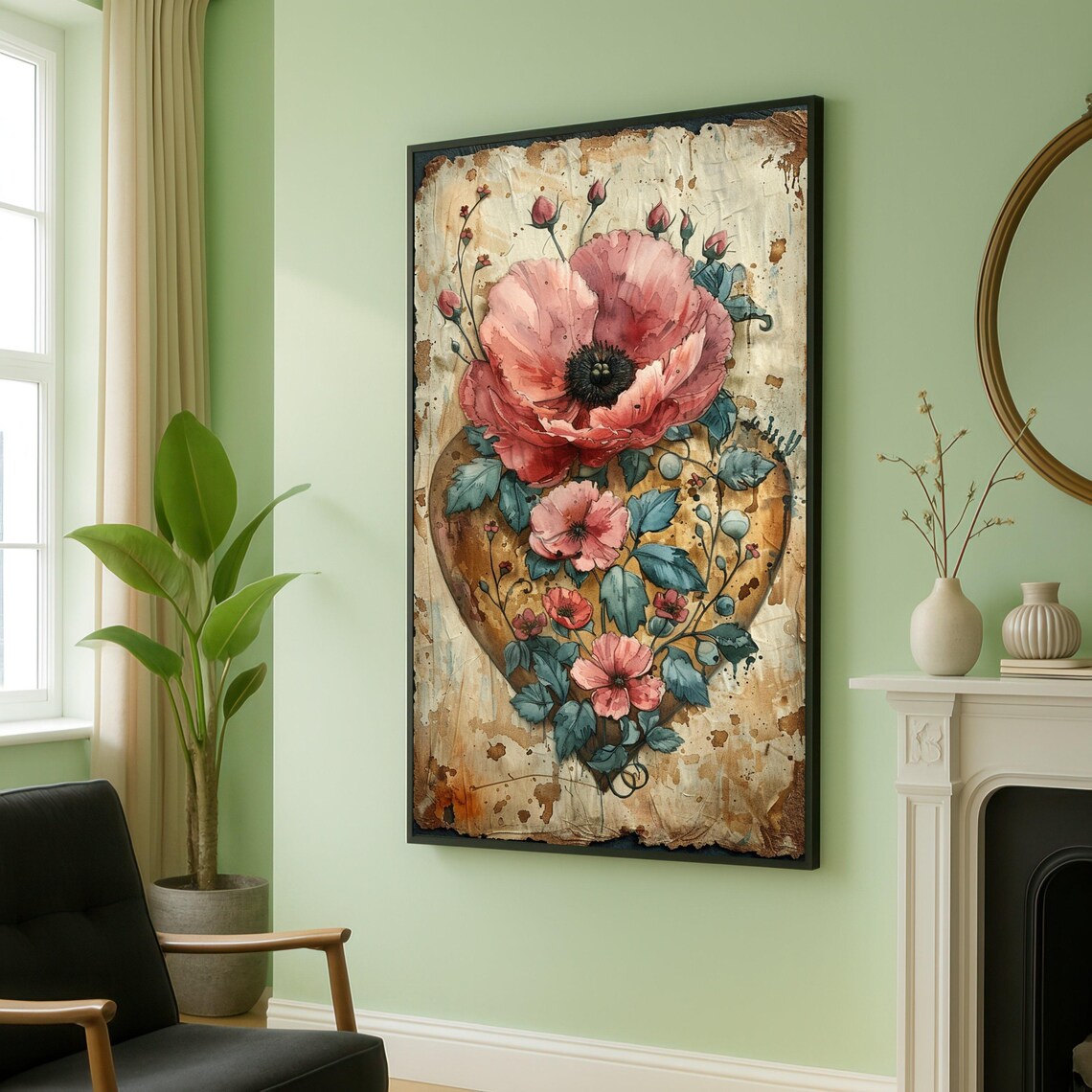 Heart Shaped Pink Poppy Floral Poster Vintage Romantic Botanical Art