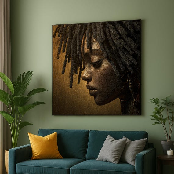 Elegant Profile Portrait Canvas African Woman Wall Art Dreadlocks Closeup Modern Brown And Gold Home Decoration
