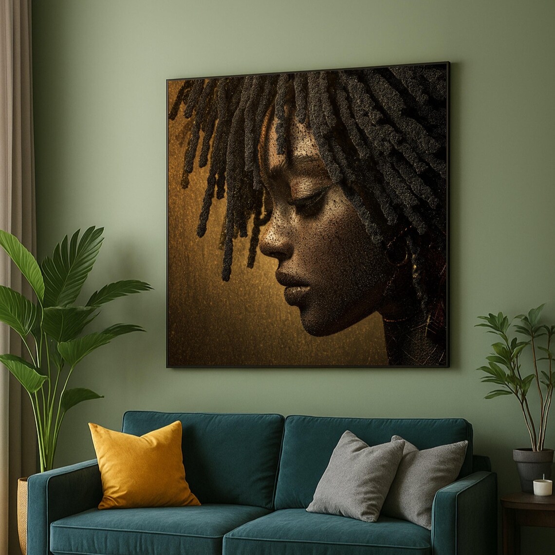 Golden African Woman Locs Profile Portrait Elegant Brown Wall Art