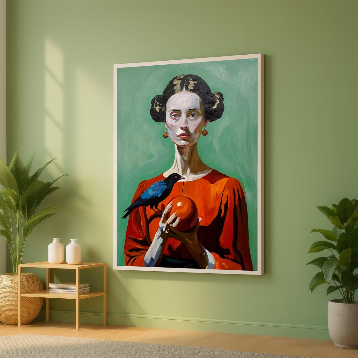 Woman In Red Holding Orange With Blue Bird Surreal Painting Poster