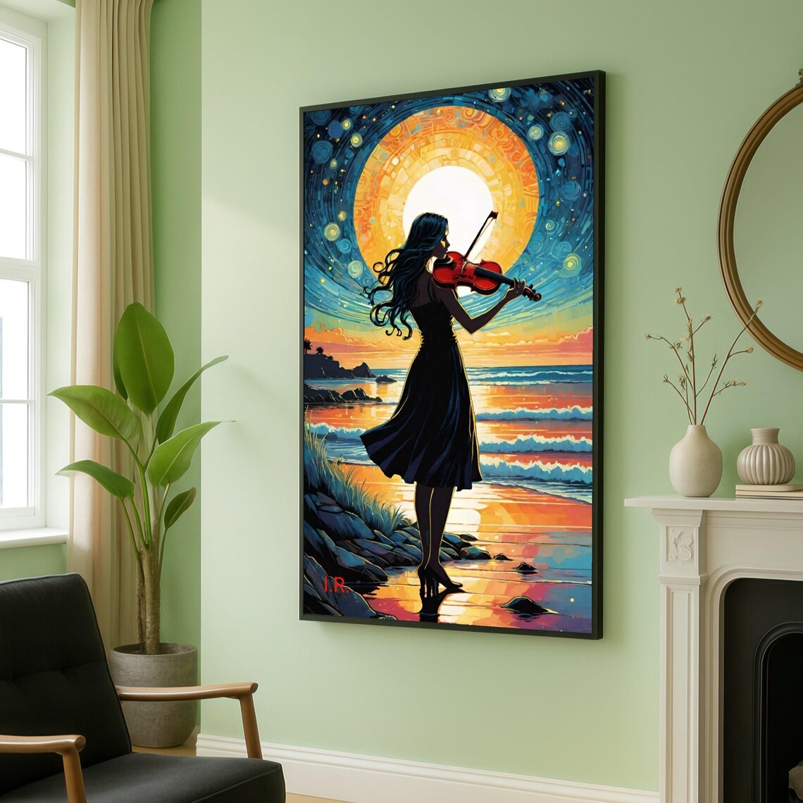 Violinist Silhouette At Sunset Ocean Beach Starry Night Art Poster
