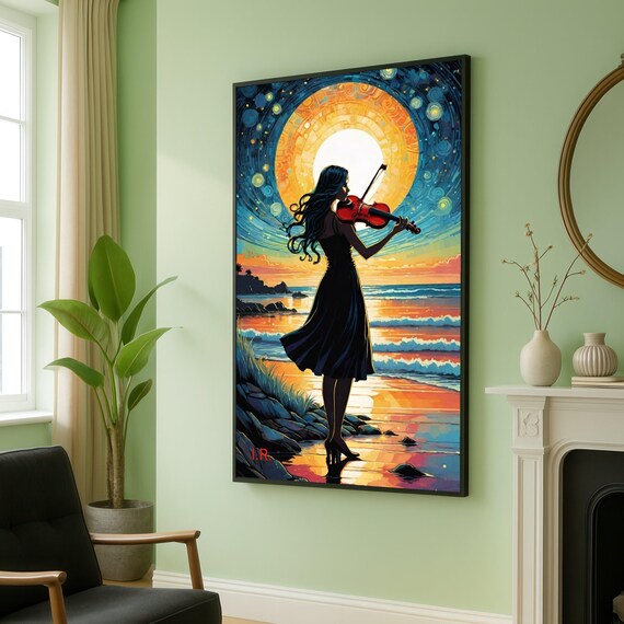 Violinist Silhouette At Sunset Ocean Beach Starry Night Art Poster