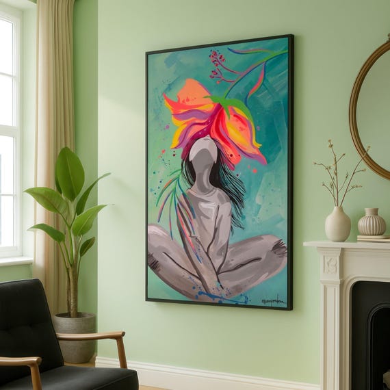 Vibrant Floral Meditation Canvas Abstract Woman Art Colorful Flower Wall Contemporary Home Decor Relaxing Mood