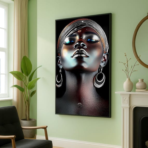 Modern African Woman Portrait Canvas Ethnic Wall Art Glamorous Face Metallic Shine Contemporary Home Decor