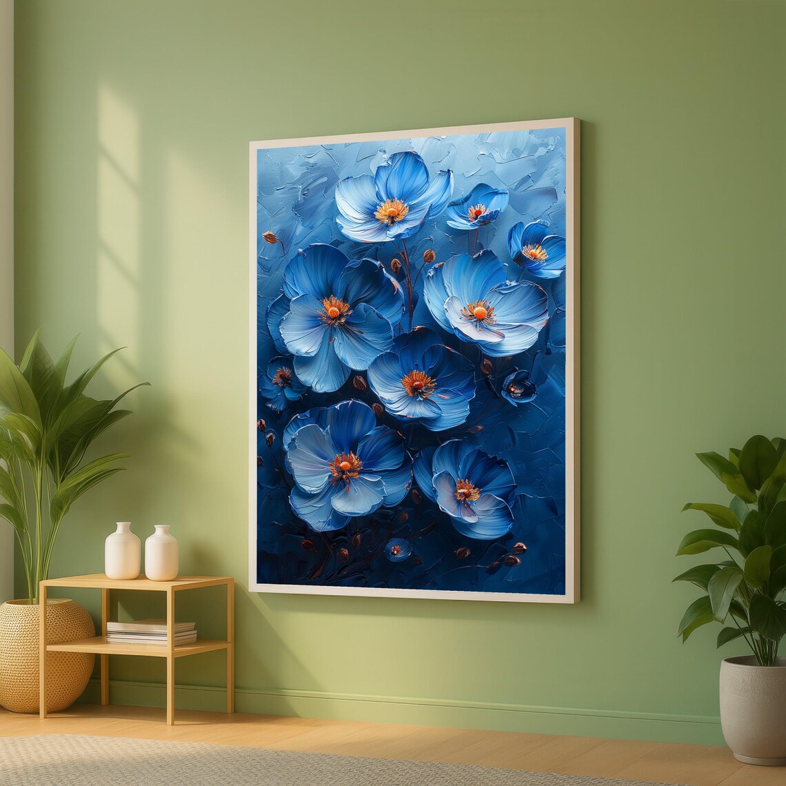 Vibrant Blue Poppies Impasto Painting Modern Floral Wall Art